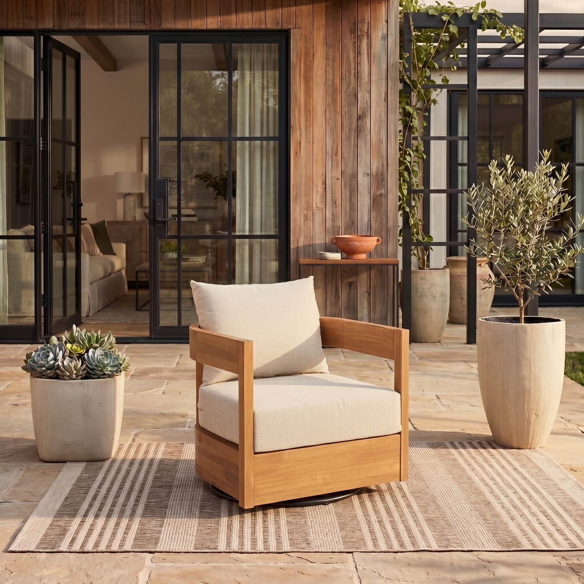 SAFAVIEH Kento Outdoor Solid Wood Swivel Lounge Chair with Removable Cushions - 27"W x 30"D x 24"H