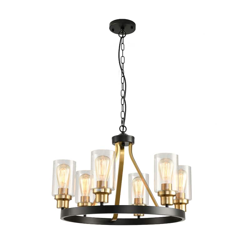 24'' Round Wagon Wheel 6-Light Chandelier Hanging Glass Pendant Light - N/A