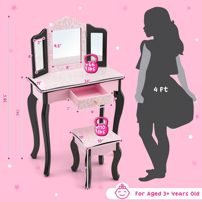 Pink MDF Vanity Set with Removable Tri-Folding Mirror and Leopard Print Perfect Gift for Kids - 24" x 11" x 38.5" (L × W × H)