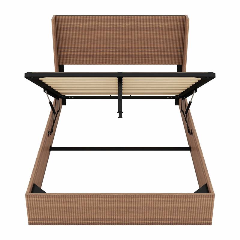 Large Grooved Undulating Lift Storage Bed Frame - Wooden Platform Bed with Lift-Top Storage