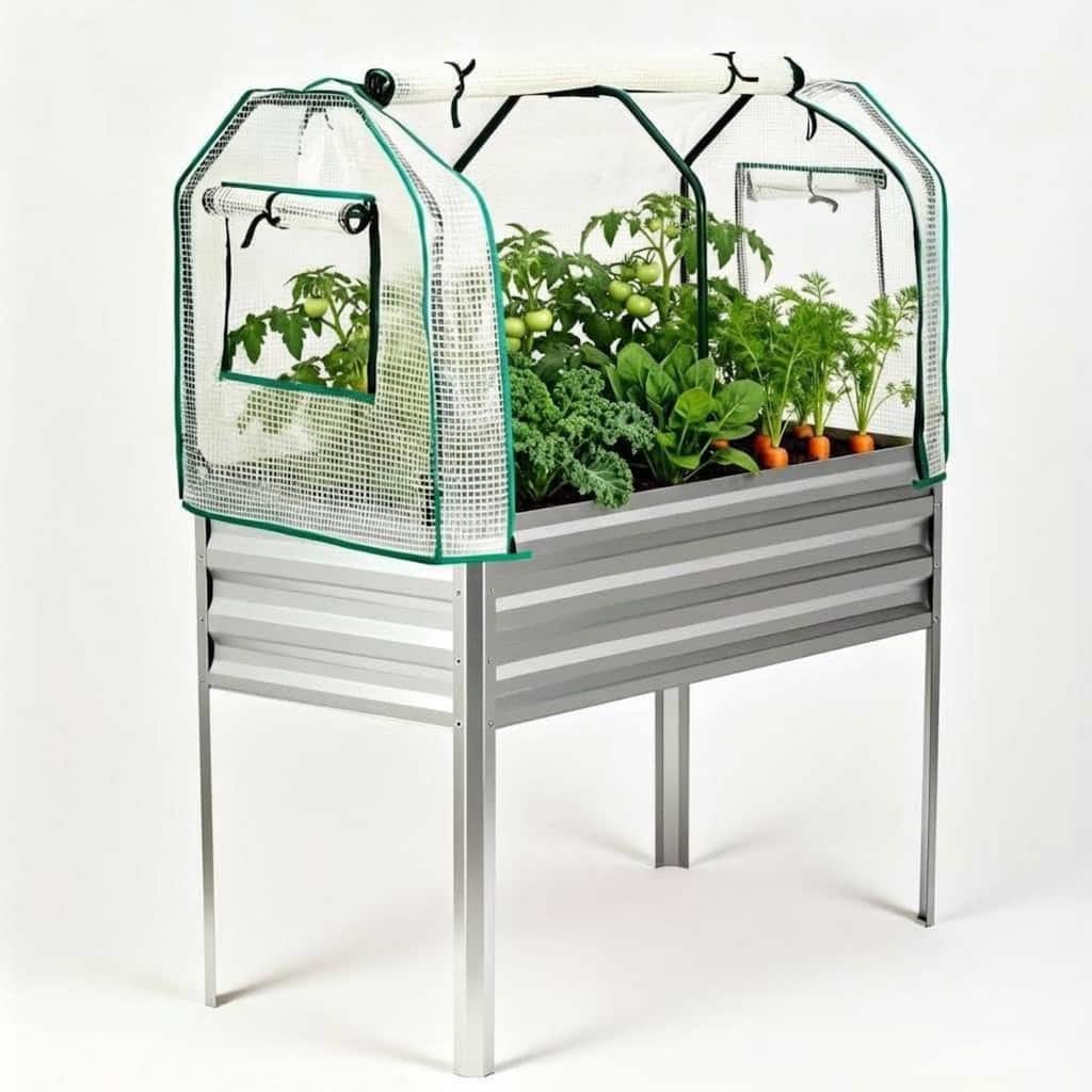 Raised Garden Bed with Greenhouse Cover, Built-in Spray Tube for Vegetables