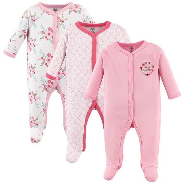 slide 1 of 1, Luvable Friends Baby Girl Cotton Snap Sleep and Play 3pk, Pink Floral 0-3 Months - Pink Floral