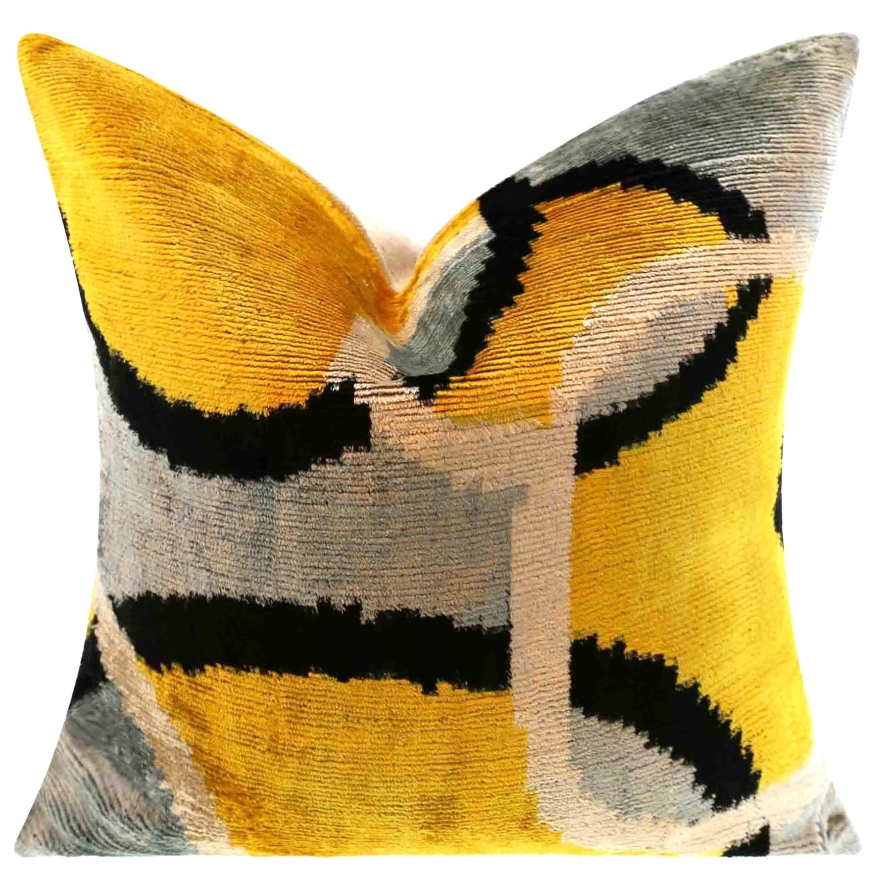 16x16 Silk Velvet Throw Pillow in Yellow and Gray - Insert - 16" x 16"