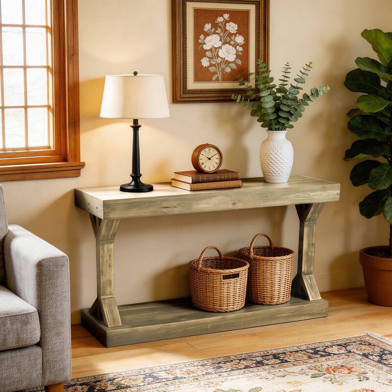 Solid Wood Console Table With Storage Shelf Farmhouse Wooden Entryway Sofa Table Behind Couch