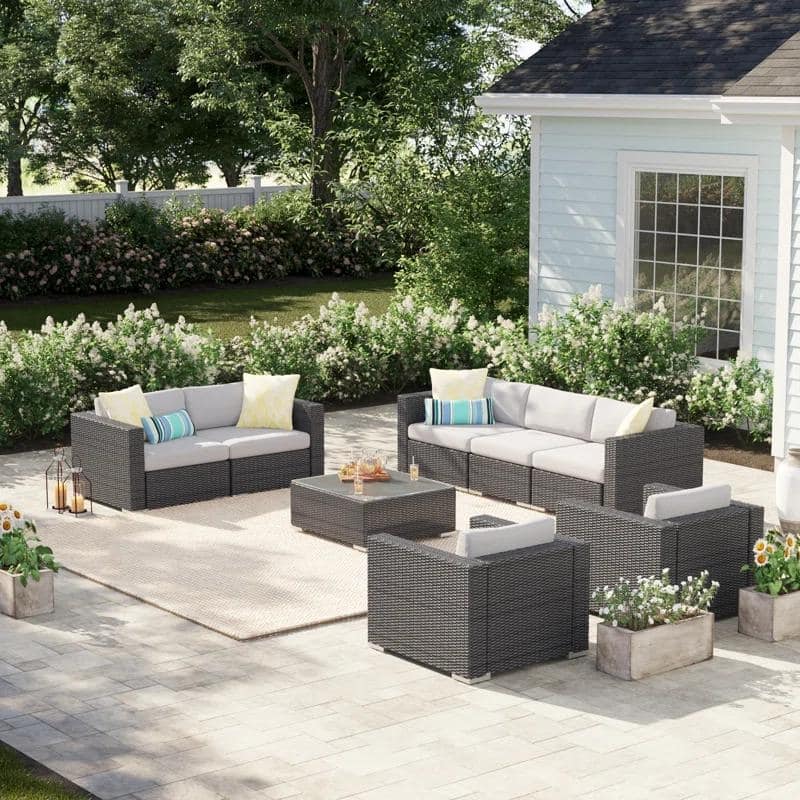 Roomfitters 7-Piece Outdoor Wicker Patio Sectional Set, Modular Rattan Sofa with Cushions & Coffee Table, Gray/Beige