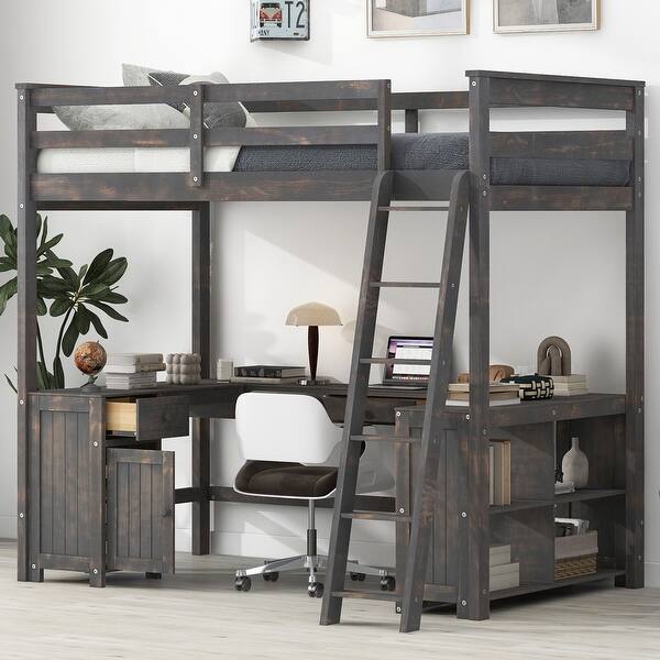 slide 2 of 17, Loft Bed with U-shaped Desk, Drawers and Shelves, Brown Brown
