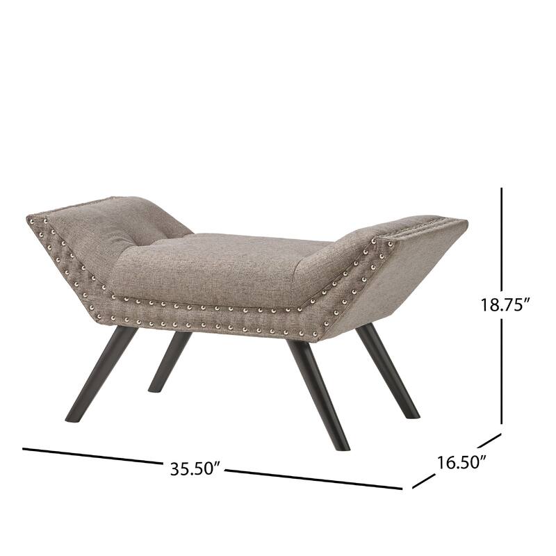 Vibe Ottoman Bench, Tufted Gray Fabric, 36 Inch, Nailhead Trim
