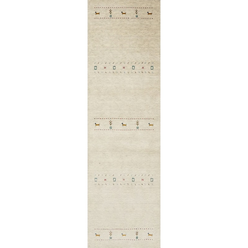Hand Knotted Oriental 100% Wool Carpet Tribal Animal Pictorial Beige & Ivories Gabbeh Runner Rug - 9' 9'' X 2' 6''