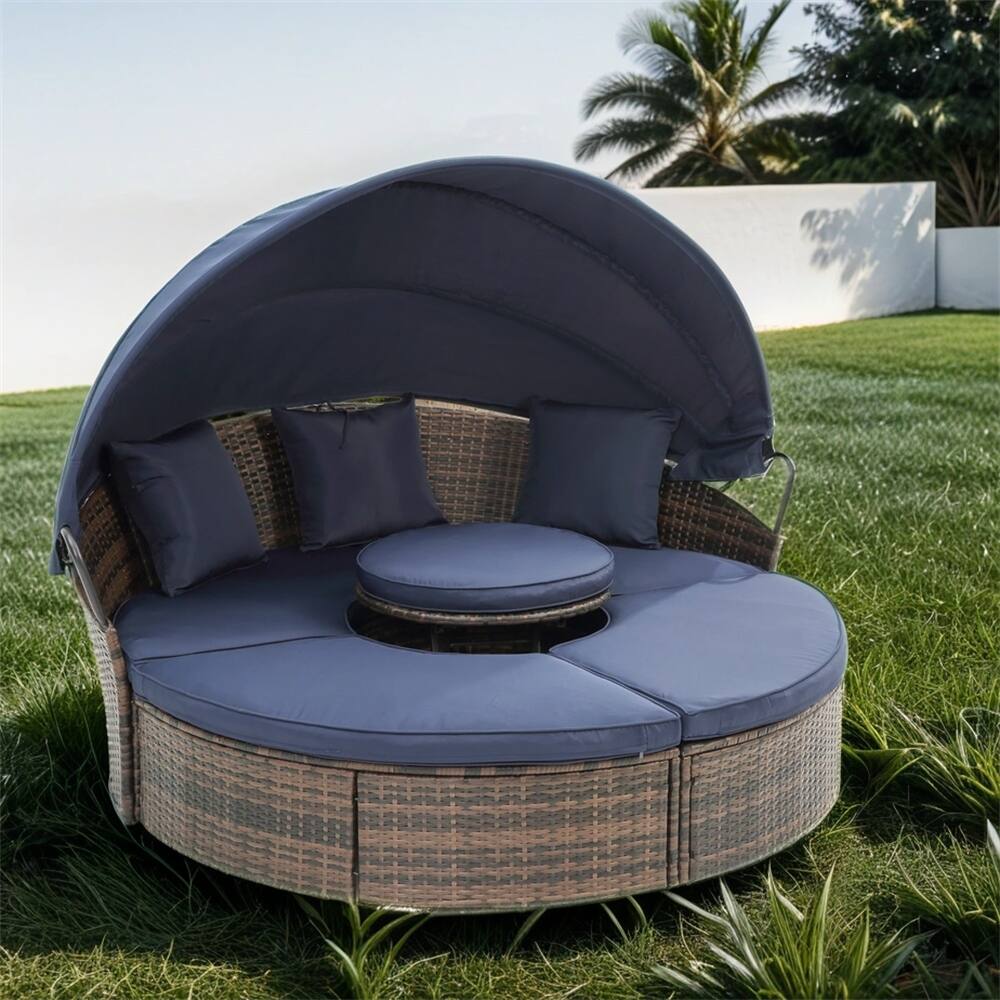 KD Rattan Round Lounge W/Canopy Canopy Bed Outdoor,Outdoor Sofa Bed
