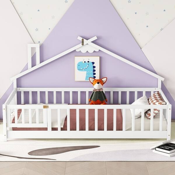 slide 2 of 7, Twin Pine Wood House-Shaped Bedside Floor Bed with Guardrails, Door White - Door - Twin