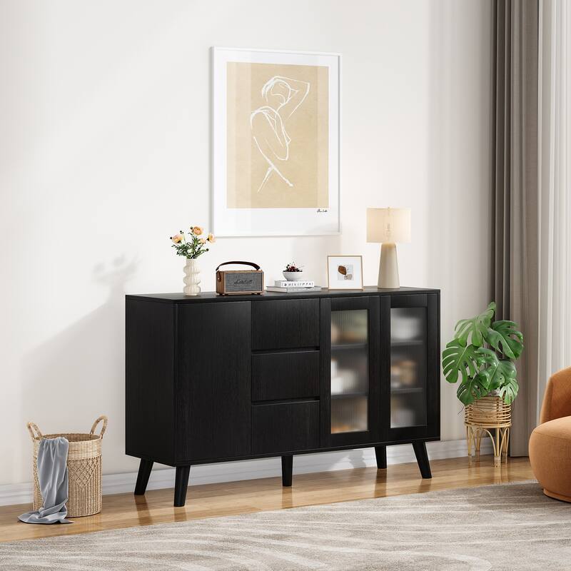 Farmhouse Buffet Cabinet, 55.5" Coffee Bar with 3 Drawers and Pop-Up Doors, Large Rustic Sideboard for Dining Room - Black