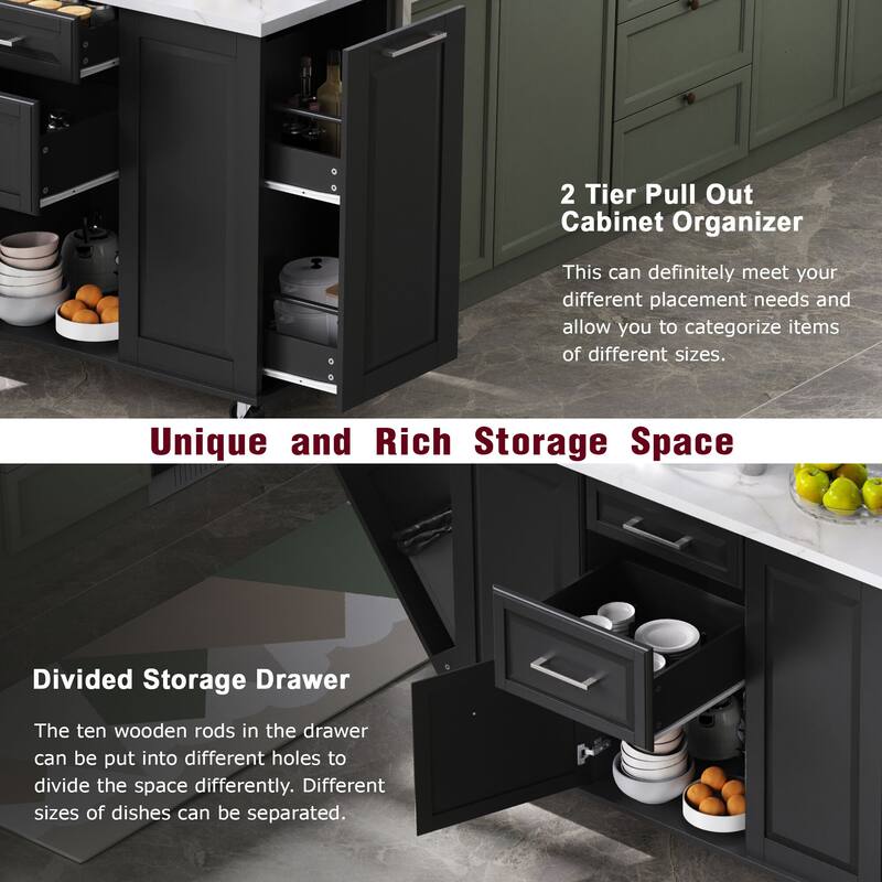 50.7" Kitchen Island with Drop Leaf, Pull Out Cabinet Organizer, Rolling Wheels, Trash Bin and 2 Drawers