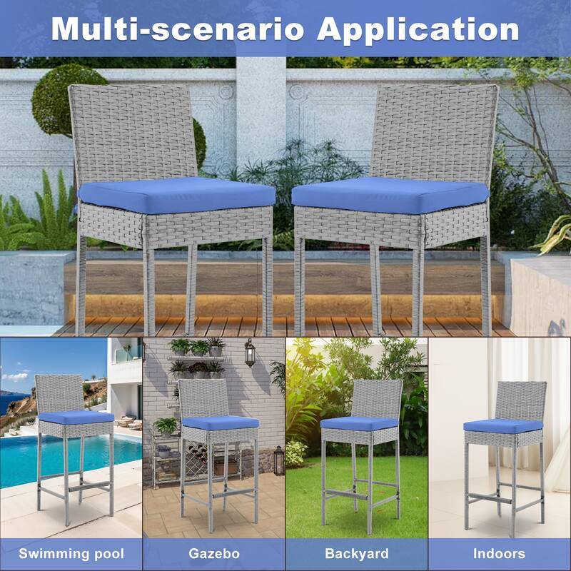 Rattan Bar Stools Set of 2, Armless Wicker Bar Stools with Cushions, All-Weather Outdoor Bar Height Stools for Patio, Poolside