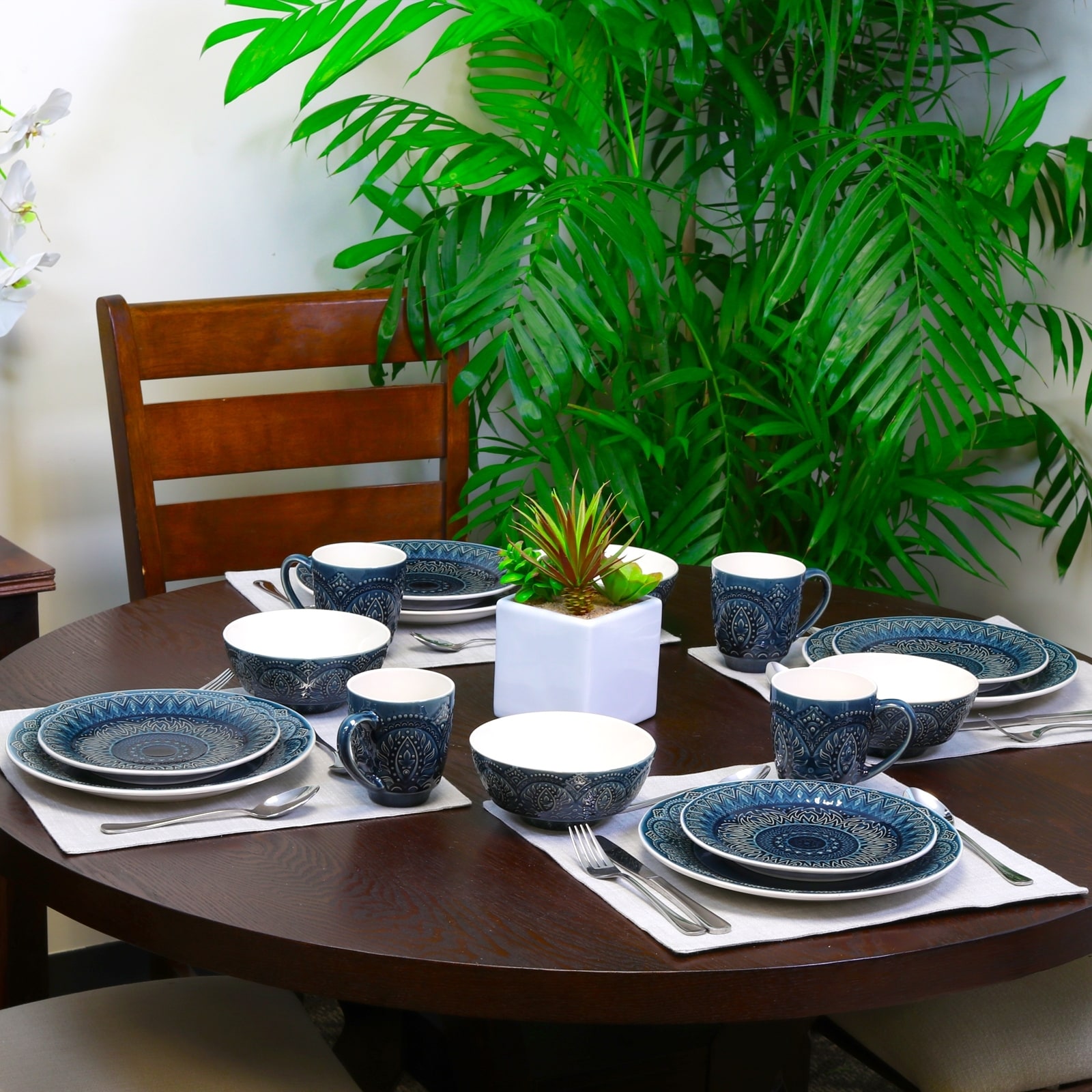 16 Piece Navy Blue Embossed Stoneware Dinnerware Set