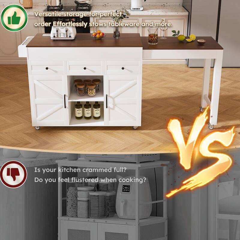 Kitchen Island Cart with Extendable Table, Wheels, Drop Leaf & Storage