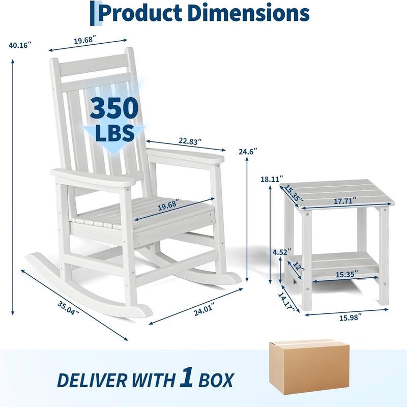 2-Piece HDPE Rocking Chair Set with Table All-Weather High-Back Porch Rockers for Adults Black