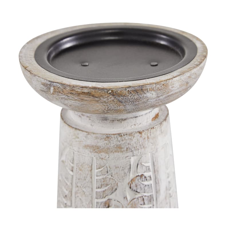 Wood Floral Handmade Intricate Carved Pillar Candle Holder - Set of 3 White - Roche River Decor - 4"W x 4"L x 10"H