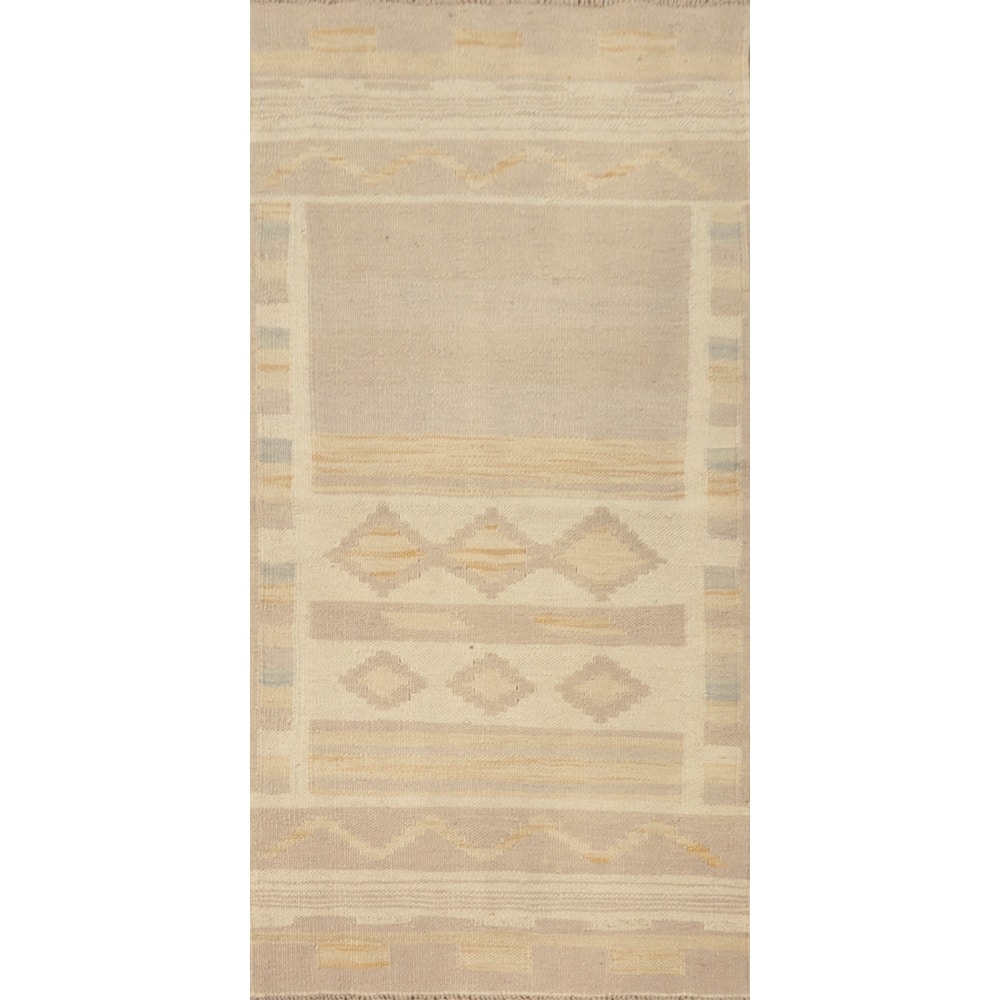 Hand Woven Oriental 100% Wool Carpet Southwestern Tribal Beige & Ivories Kilim Area Rug - 4' 2'' X 1' 10''