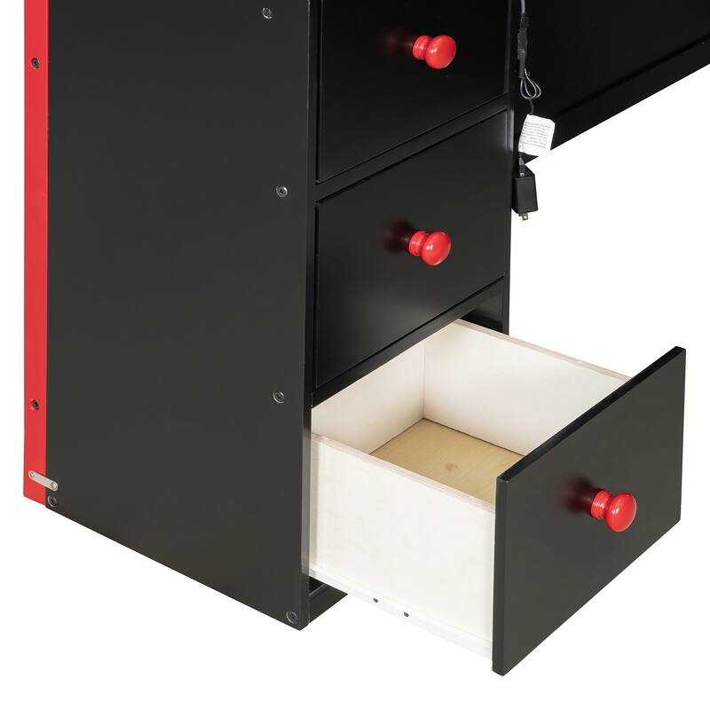 Full Size Gaming Loft Bed with Desk Full Wall Storage Shelf and 3 Drawers Storage Guardrail with Adjustable Door for Gaming Room