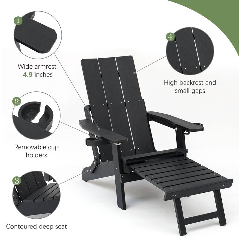 Poly Lumber Outdoor Adjustable Back Adirondack Chair with Ottoman Cup Holders and Cushion