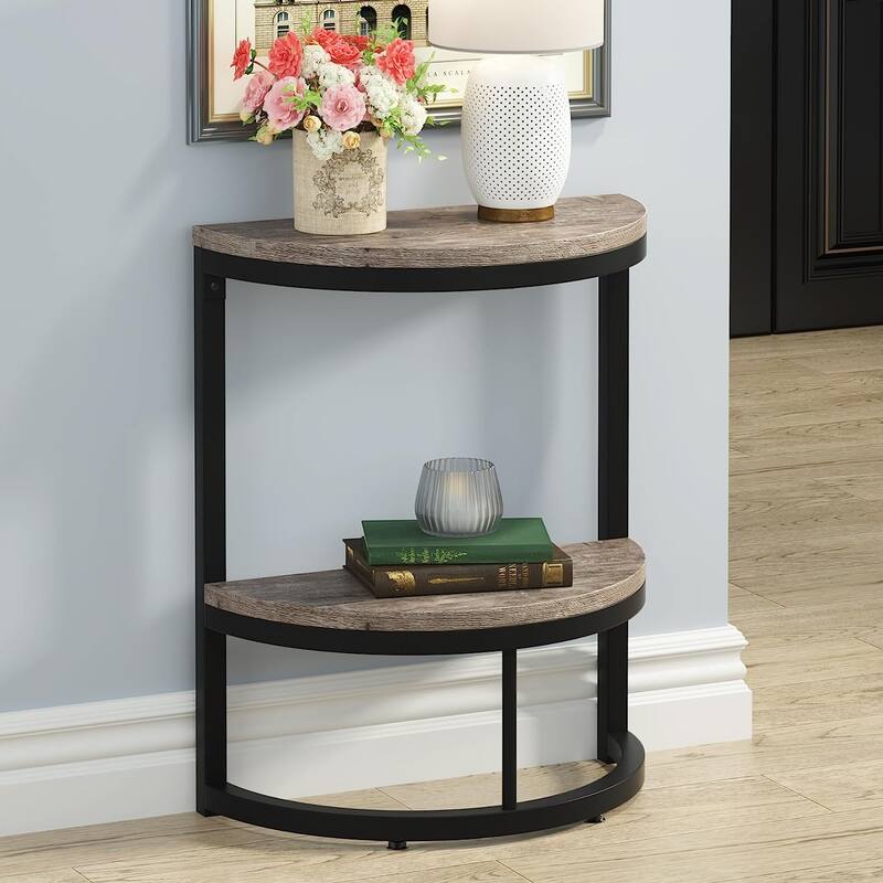 Half Round End Table, Narrow Side Table Slim C Table with Metal Frame - 2-Tier - Grey