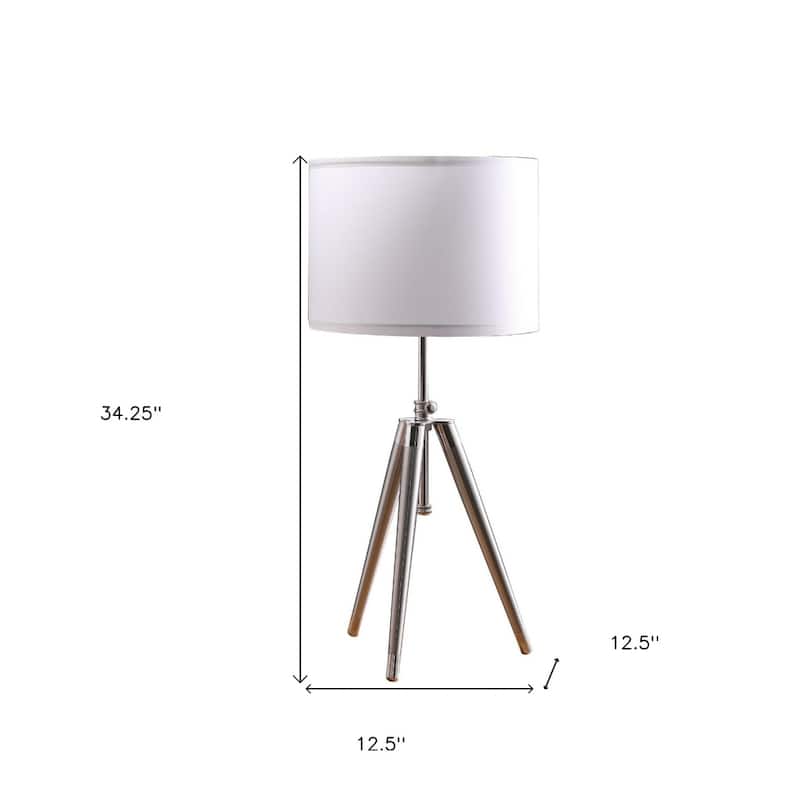 Silver Metal Tripod Table Lamp with White Drum Shade and Cord - 12.5” x 12.5” x 34.25” (D x W x H)