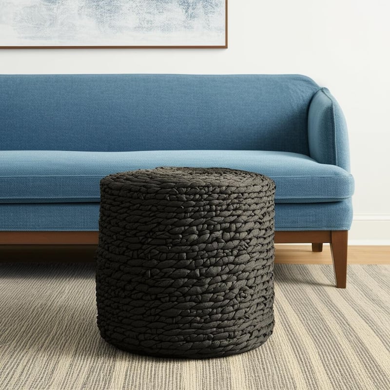 HomeRoots 18" Black Water Hyacinth Round Pouf Ottoman - Black - 17.72 in. x 17.72 in. x 17.72 in.