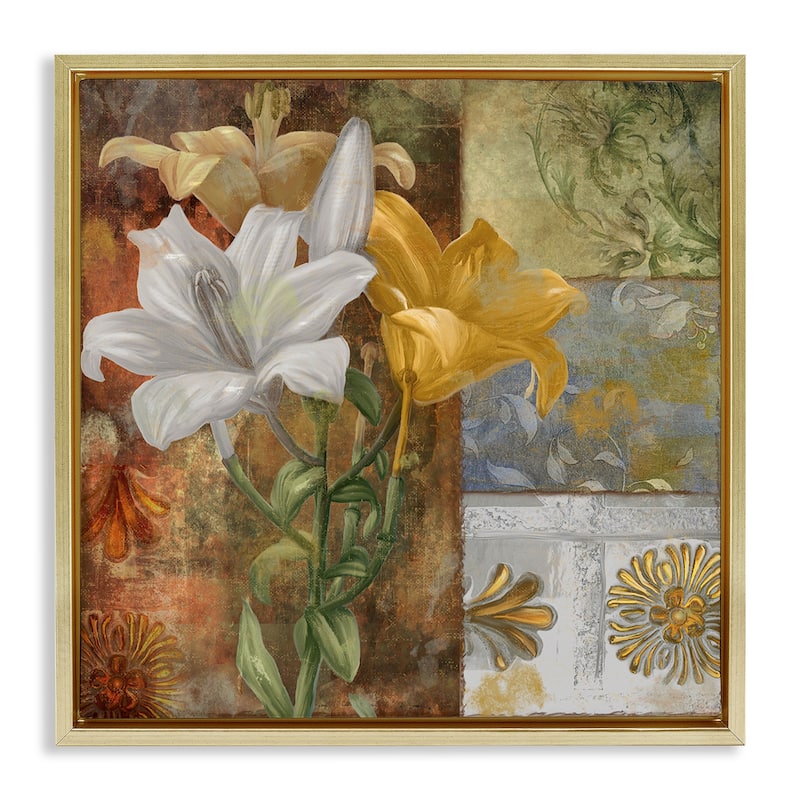 Stupell Blooming Lilies on Tile Pattern Framed Floater Canvas Wall Art Design By Sasha - 25 x 25 - Gold