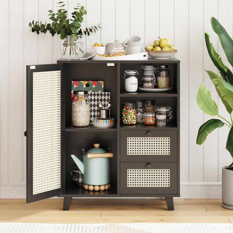Rattan Buffet Cabinet with Adjustable Shelf, Sideboard with Drawers for Living Room, Kitchen, Entryway