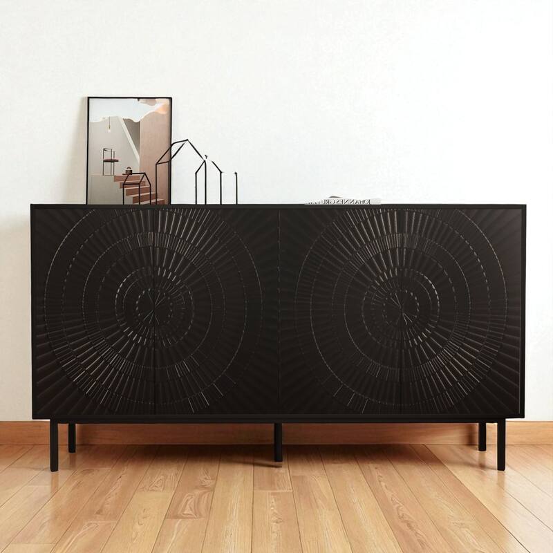 Modern Black Sideboard Buffet Cabinet with Adjustable Shelves, 4-Door Storage Accent Cabinet for Dining Room and Kitchen
