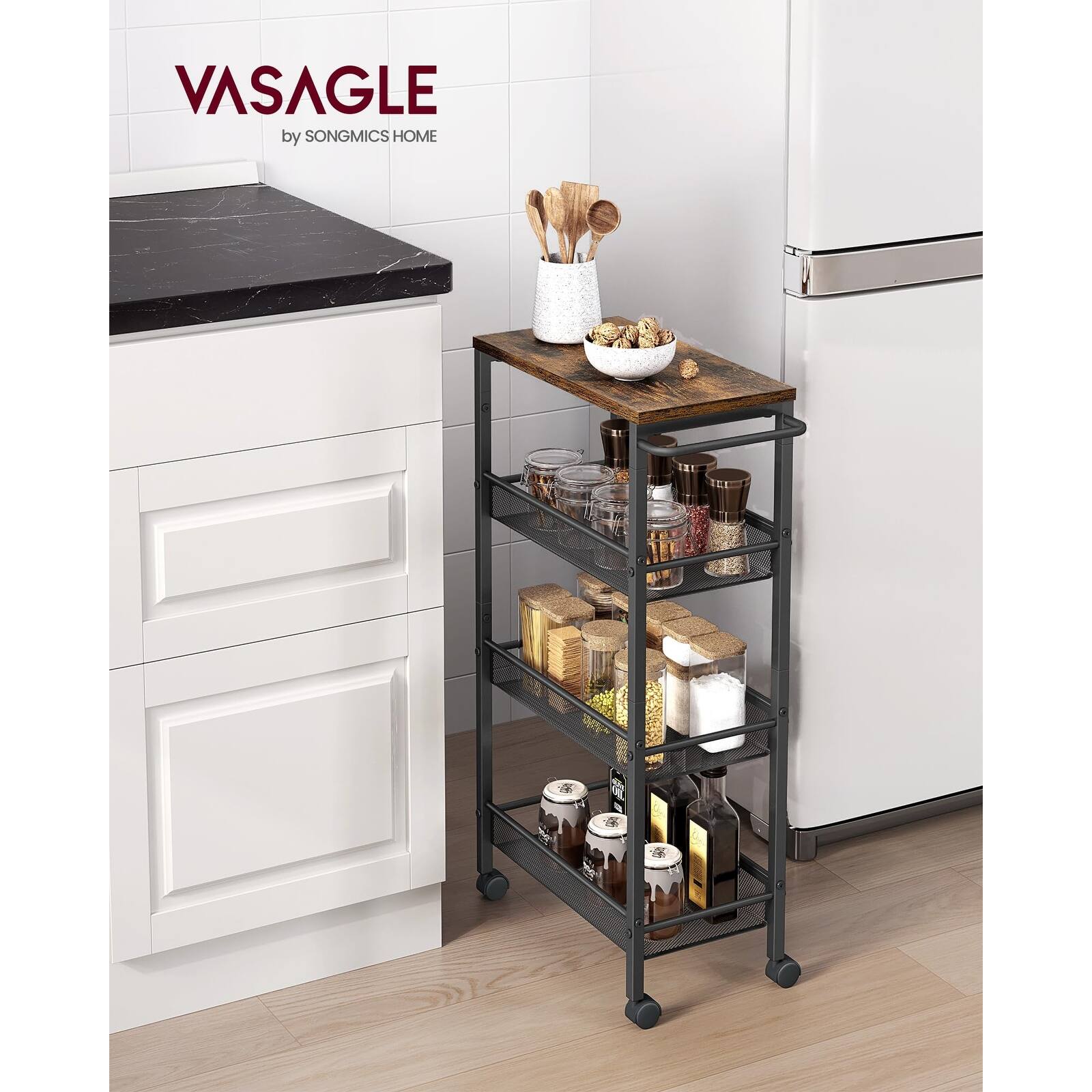 Slim Rolling Cart, 4Tier Storage Cart, Narrow Cart with Handle, 8.7 Inches Deep, Metal Frame