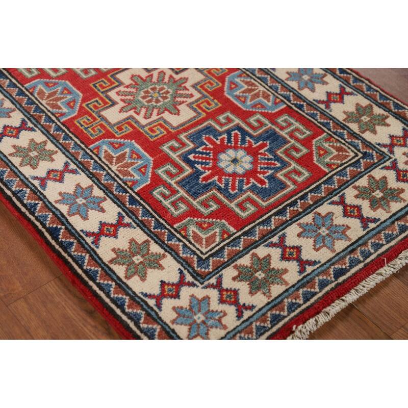 Hand Knotted Oriental 100% Wool Carpet Traditional Geometric Red Kazak Area Rug - 3' 0'' X 2' 0''