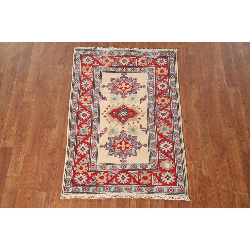 Geometric Grey Kazak Foyer Rug Hand-Knotted Wool Carpet - 2'6" x 3'11"
