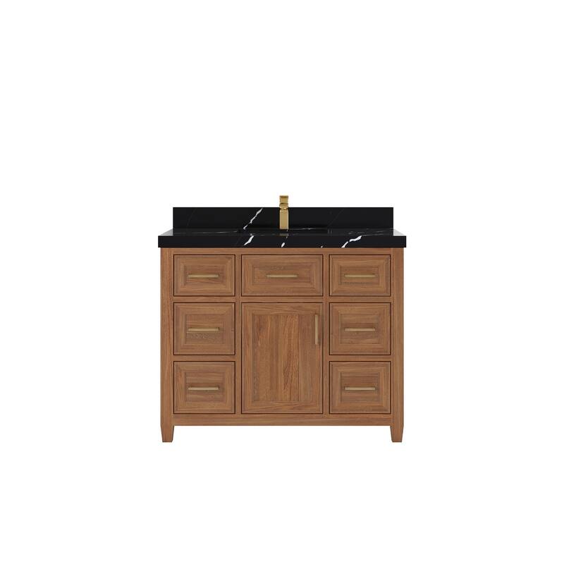 Willow Collections 42 in. W x 22 in. D Santa Monica Teak Single Sink Bathroom Vanity with Countertop - 2”Calacatta Black - Dark Natural Teak