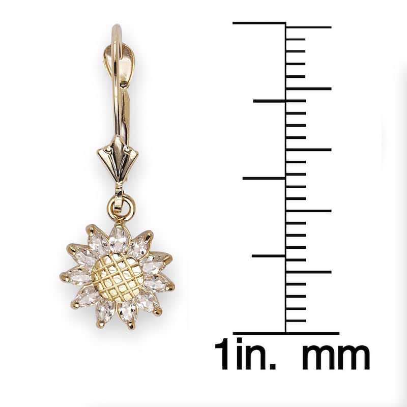 14k Yellow Gold Cubic Zirconia Sunflower Leverback Dangle Earrings