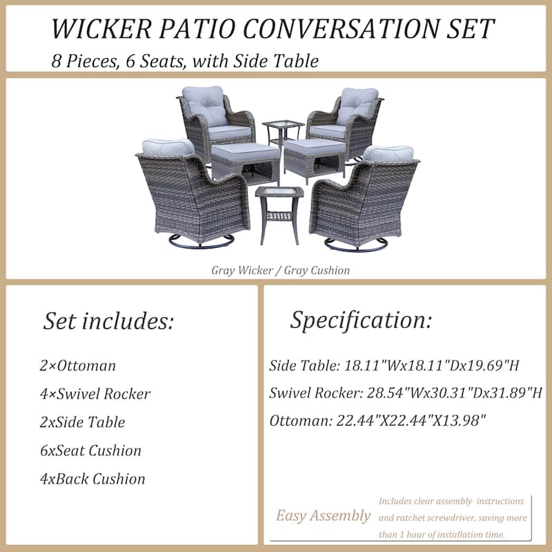 8 Piece Outdoor Patio Swivel Glider Chairs Ottoman Set with Side Table