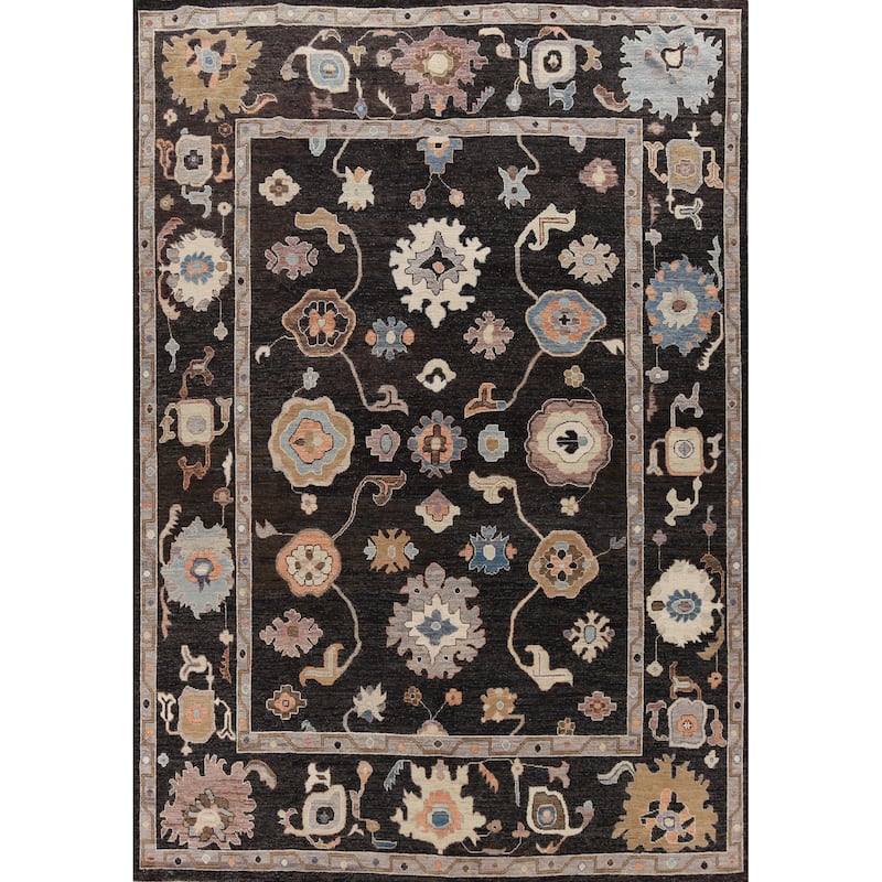 Hand Knotted Oriental 100% Wool Carpet Transitional All-Over Black Oushak Area Rug - 12' 5'' X 9' 0''