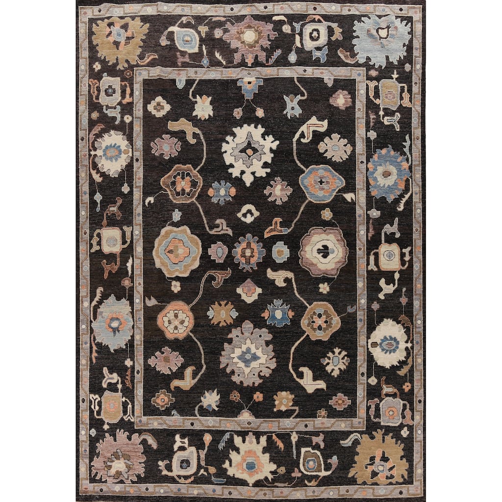 Hand Knotted Oriental 100% Wool Carpet Transitional All-Over Black Oushak Area Rug - 12' 5'' X 9' 0''