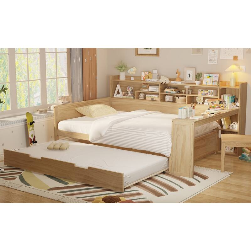 Full Size Daybed with Storage Shelves, Multi-Functional Bed with Twin Trundle and Built-In Study Desk, Space-Saving Design