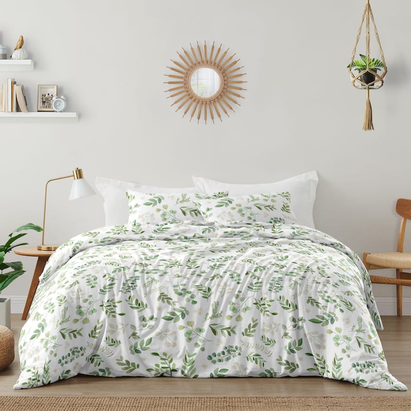 Sweet Jojo Designs Green Boho Floral Leaf Neutral Queen Duvet Cover Bedding Set Bohemian Woodland Garden Watercolor Botanical