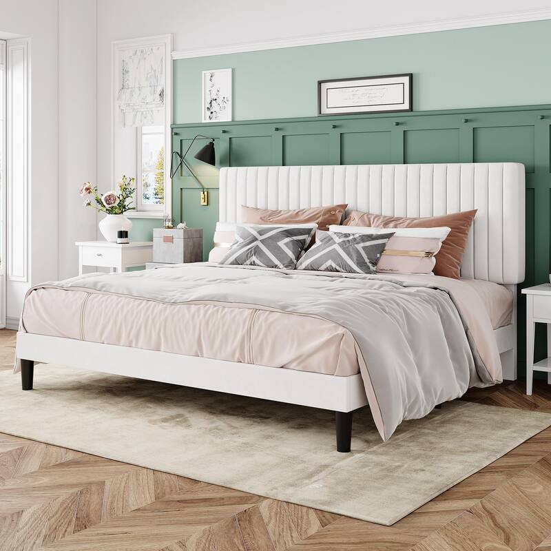King Bed Frame, Velvet Upholstered Platform Bed with Vertical Channel Tufted Headboard, Mattress Foundation with Wooden Slats