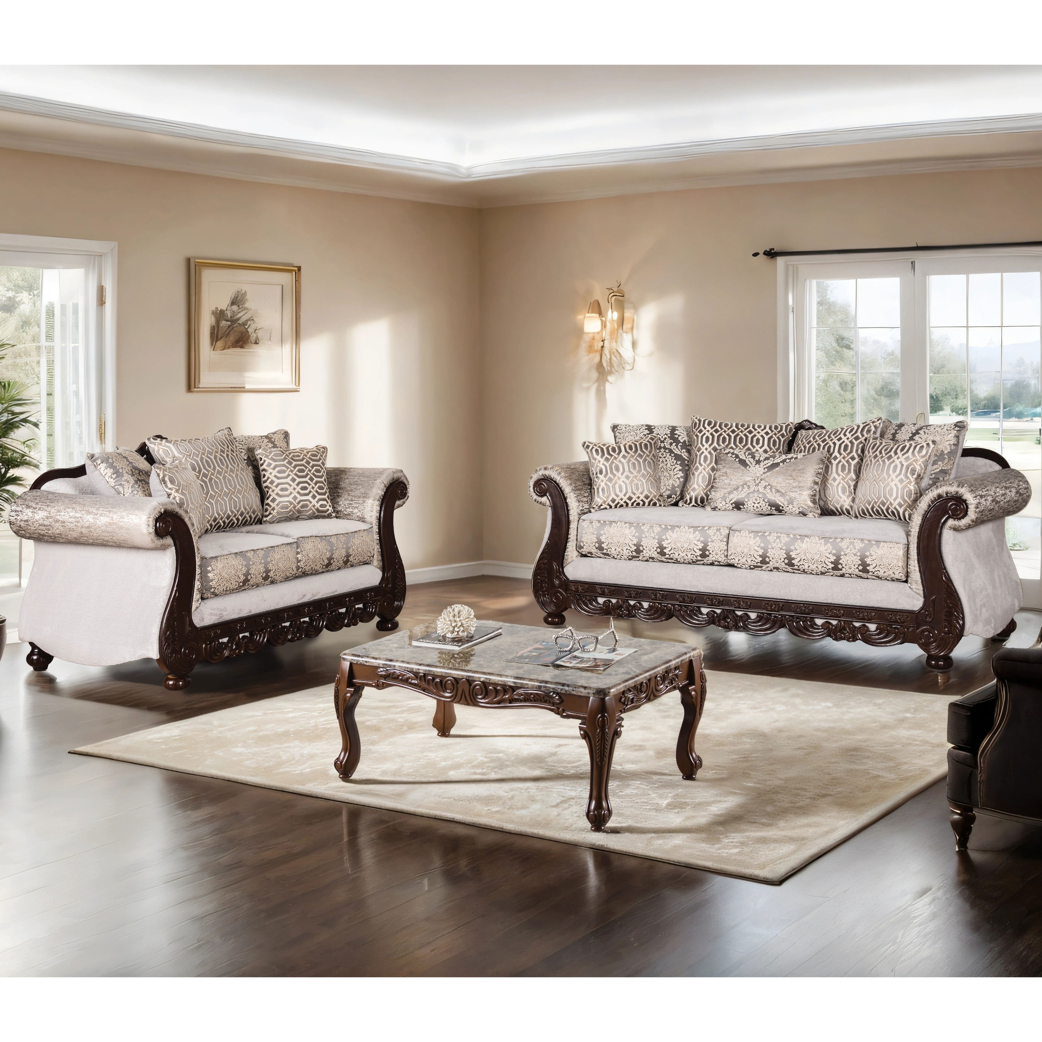 Furniture of America Naree USA Made Traditional 2-Piece Beige and Dark Cherry Sofa Set