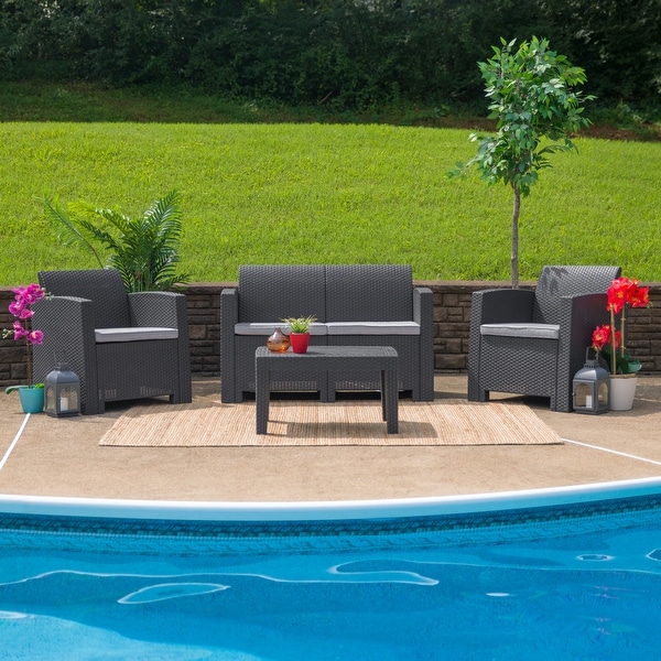Faux Rattan Loveseat with All-Weather Cushions. Opens flyout.