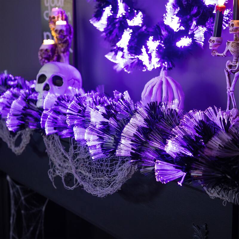 Multi Function Fiber Optic Artificial Halloween Garland - 6' x 6" - Black - Purple and Orange LED