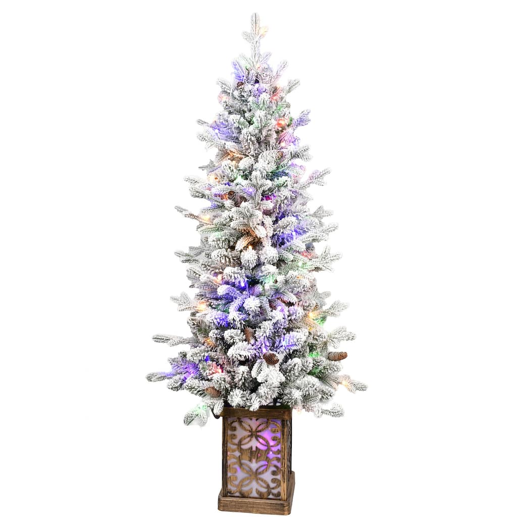 Pre-Lit Flocked Christmas Tree - Multicolour LED Lights, Pine Cones, Glitter Base, Light-Up Basin, Easy Assembly - White+Green