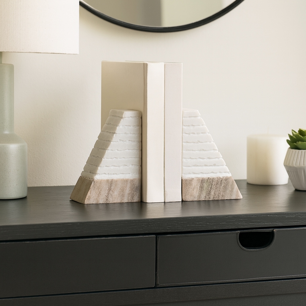 Modern Bookends with Marble Finish for Home or Office Decor - Set of 2, 6"