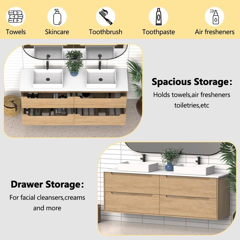 72" Solid Wood Bathroom Vanity with White Quartz Countertop Ceramic Vessel Sink