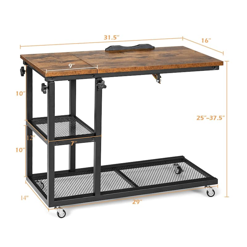 C Shaped End Table Height Adjustable Mobile Couch Desk with Wheels