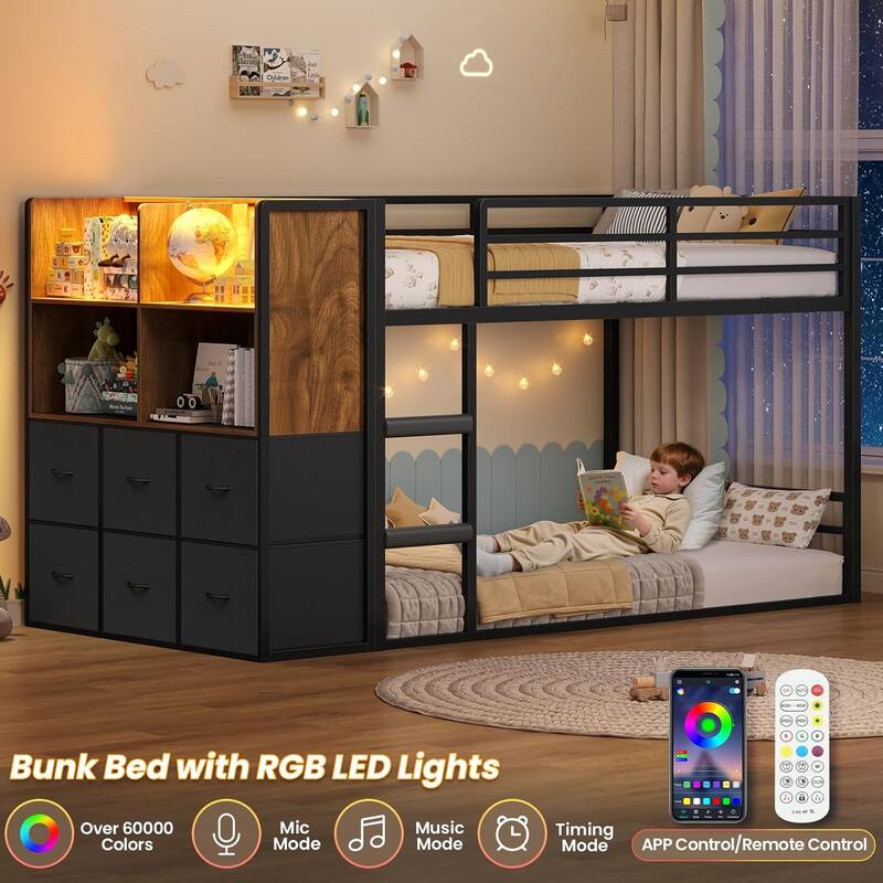 Twin Size Low Loft Bed 6 Fabric Storage Drawers LED Lights Twin Over Twin Bunk Bed