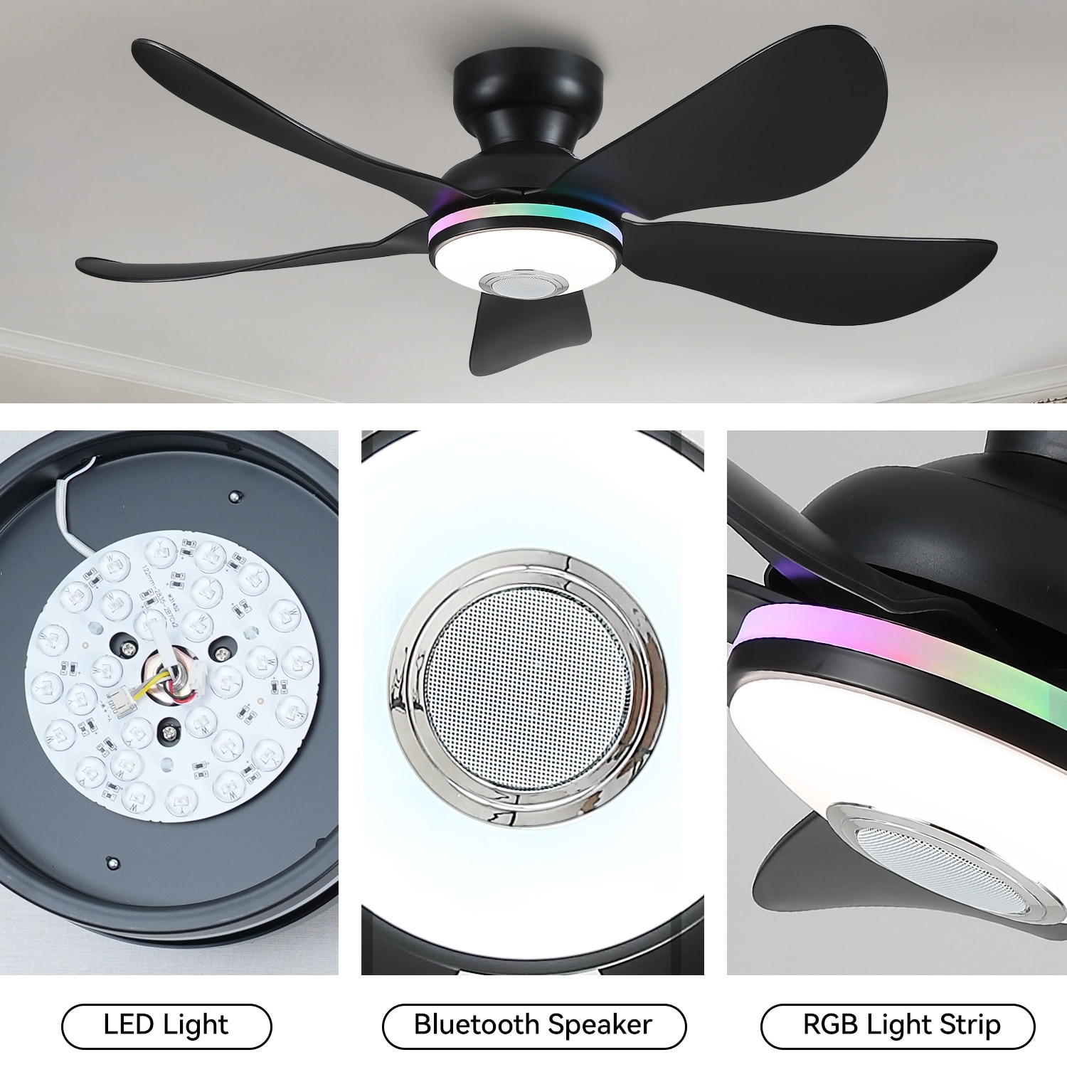 Kviflon 36/46 inches RGB Flush Mount Ceiling Fan with Light and